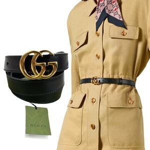 NEW Gucci GG Marmont Thin Leather Belt Gold Shiny Buckle Size 70/28